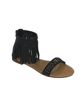 Adriana Cathy-8 Women Black Fringe Ankle Flat Sandal Cutout Strap